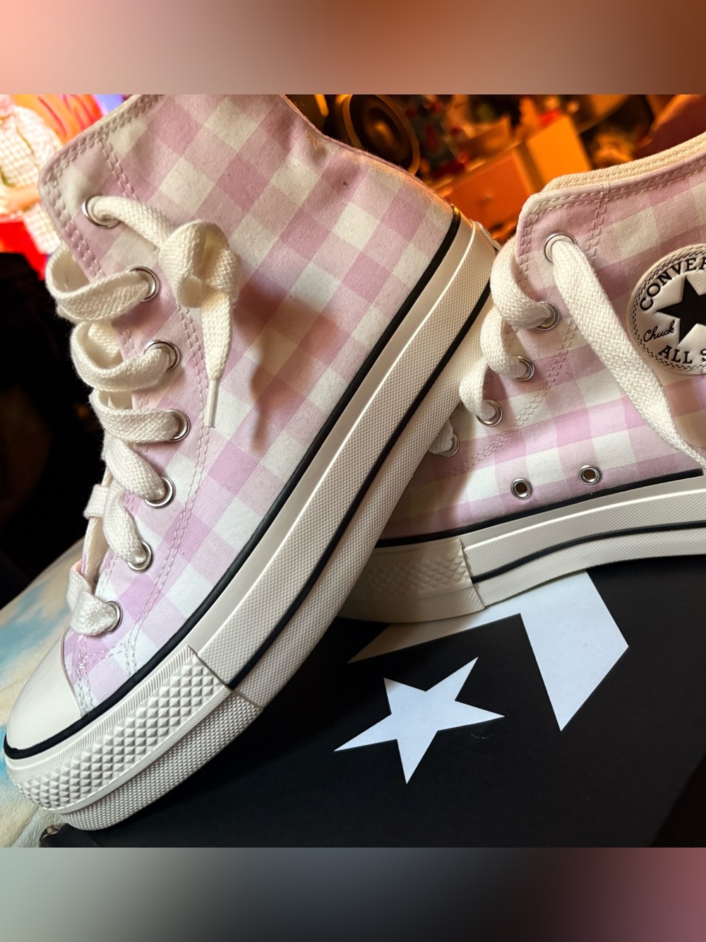 Converse Women's Pink and White Gingham Lace-Up Sneakers - Picture 5 of 8